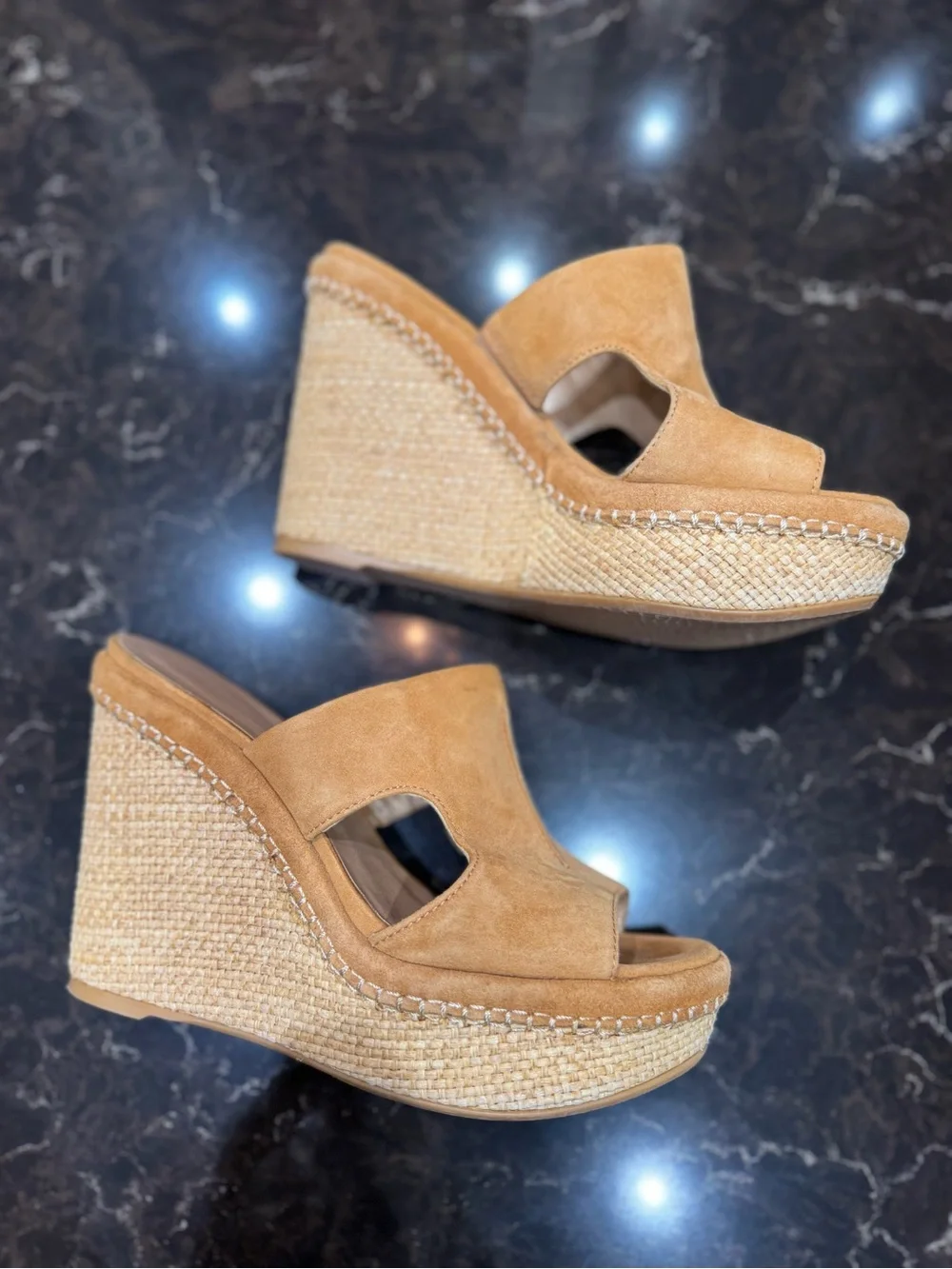 Stuart Weitzman Suede Espadrille Wedge Slides in Tan